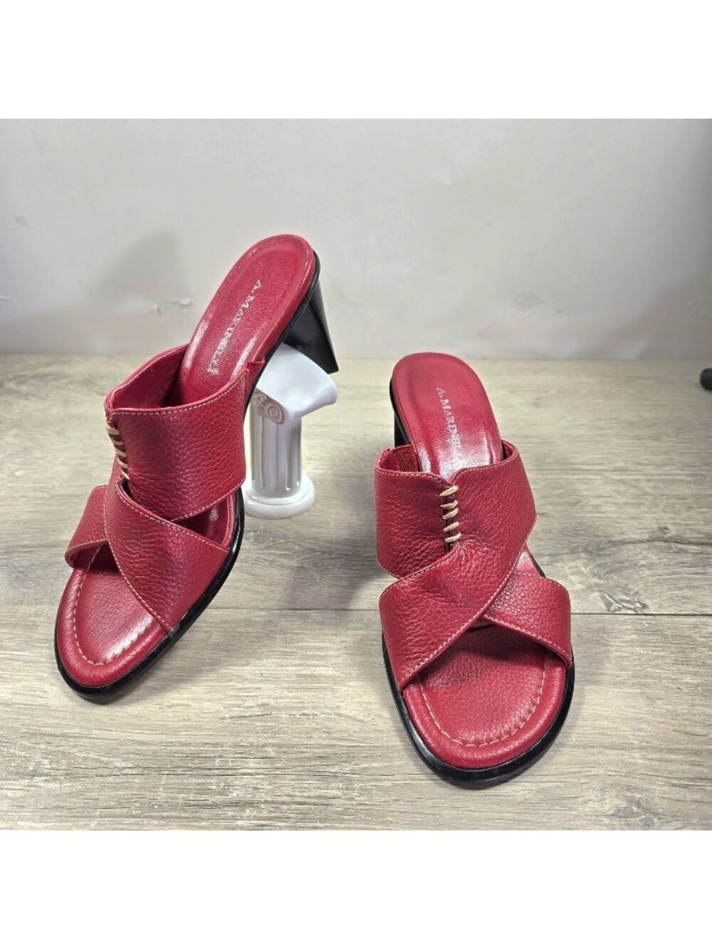 A. Marinelli Sandals Sz 7.5M Red Leather Slides Block Heels Casual Office Summer